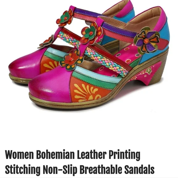 Queen Boho Leather Printing Stitching Mary Jane Style Halloween Heels - Picture 2 of 16